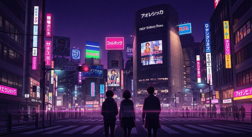 Atmosphaerische Tokyo Shibuya bei Nacht im Anime-Stil mit Neon-Reklame